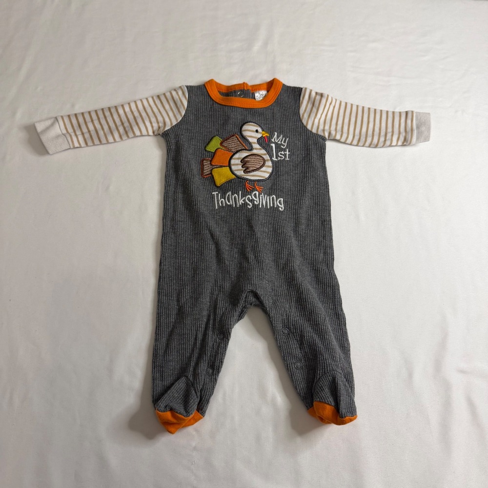 Baby Essentials My 1st Thanksgiving Turkey Waffle Knit Footed Coverall Gray 3M